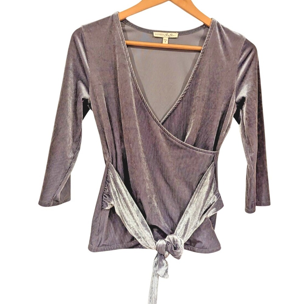 Express One Eleven‎ Silver Ribbed Velvet Wrap Front Deep V Neck Small Vintage